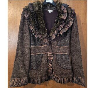 Boston Proper XS Brown Tweed Boucle Knit Faux Fur Ruffle Trimmed Sweater Jacket